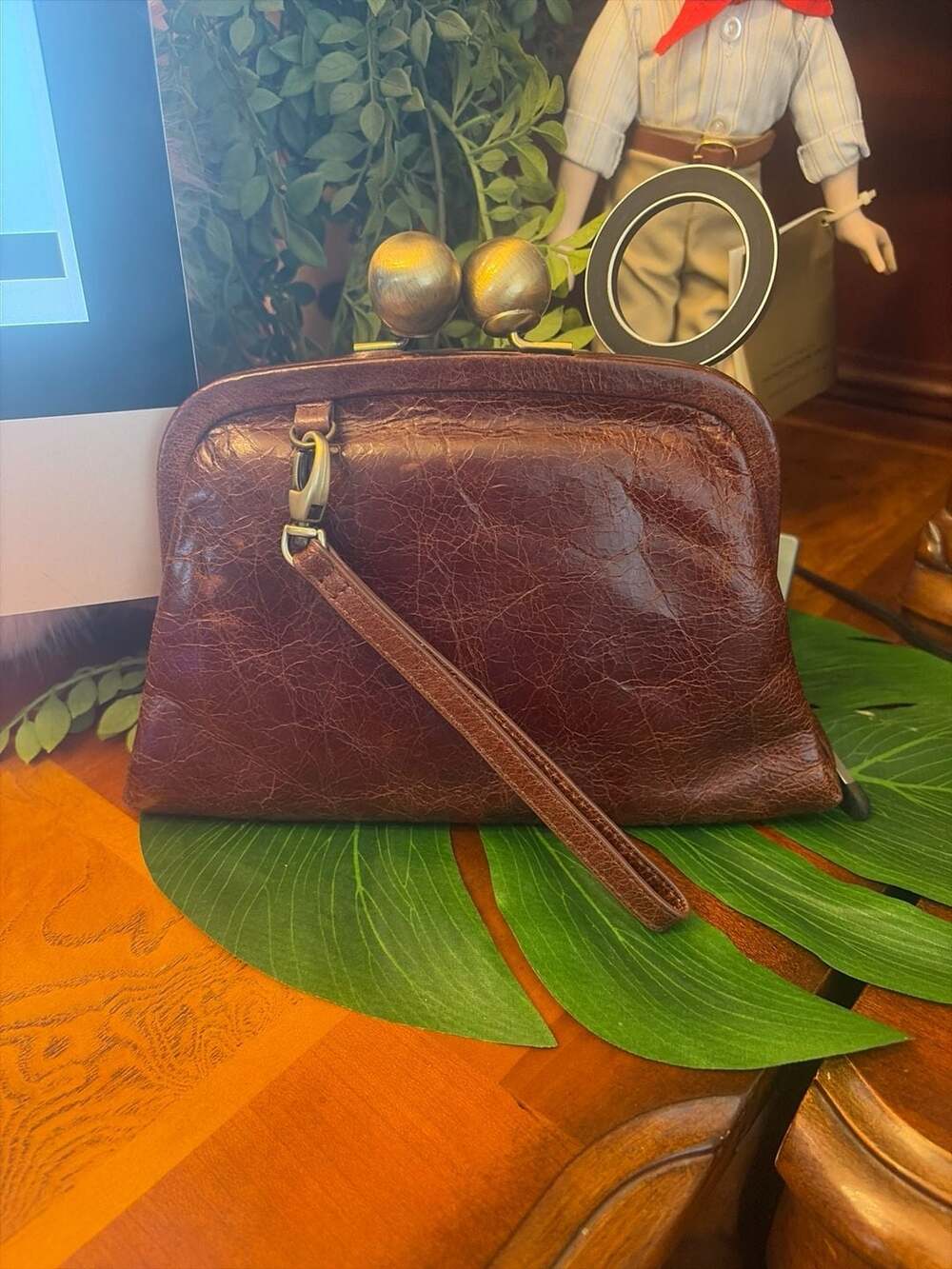 Trina Turk Brown Leather Frame Clutch Wristlet with Mirror